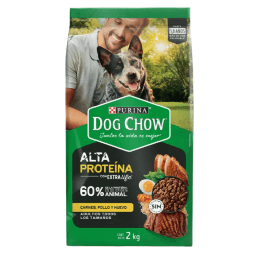 Paquete de Dog Chow alta proteína 2 kg, alimento balanceado para perros con carne, pollo y huevo.