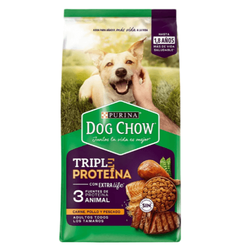 Dog Chow Triple Proteína 2kg package featuring a happy dog, highlighting premium ingredients for adult dogs.
