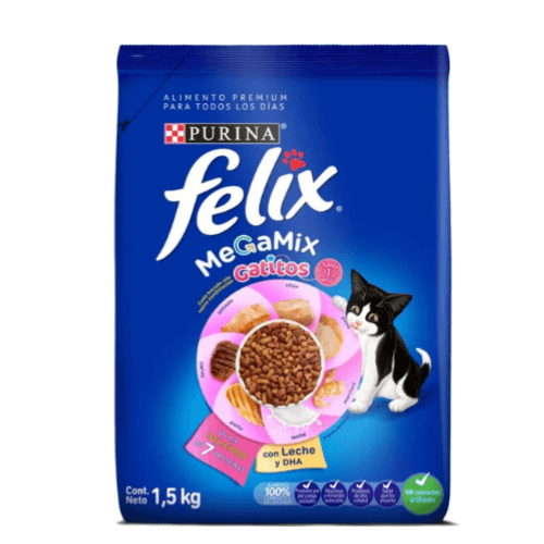 FELIX Megamix Gatitos 1.5kg pack, premium kitten food with various flavors and DHA for healthy growth.