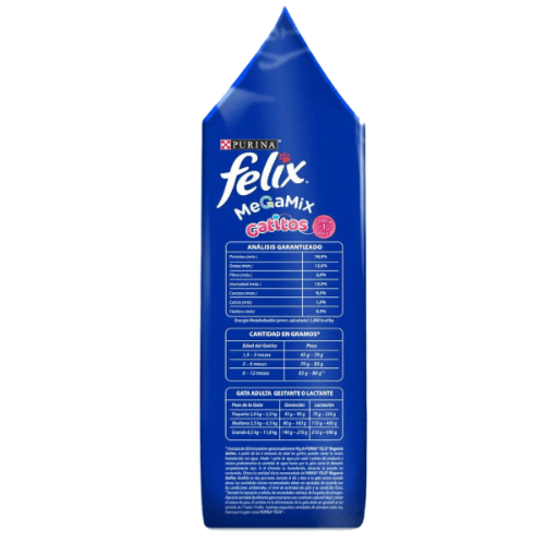 FELIX GATITOS MEGAMIX X500GR packaging, nutritional analysis and feeding guidelines for kittens and lactating cats.
